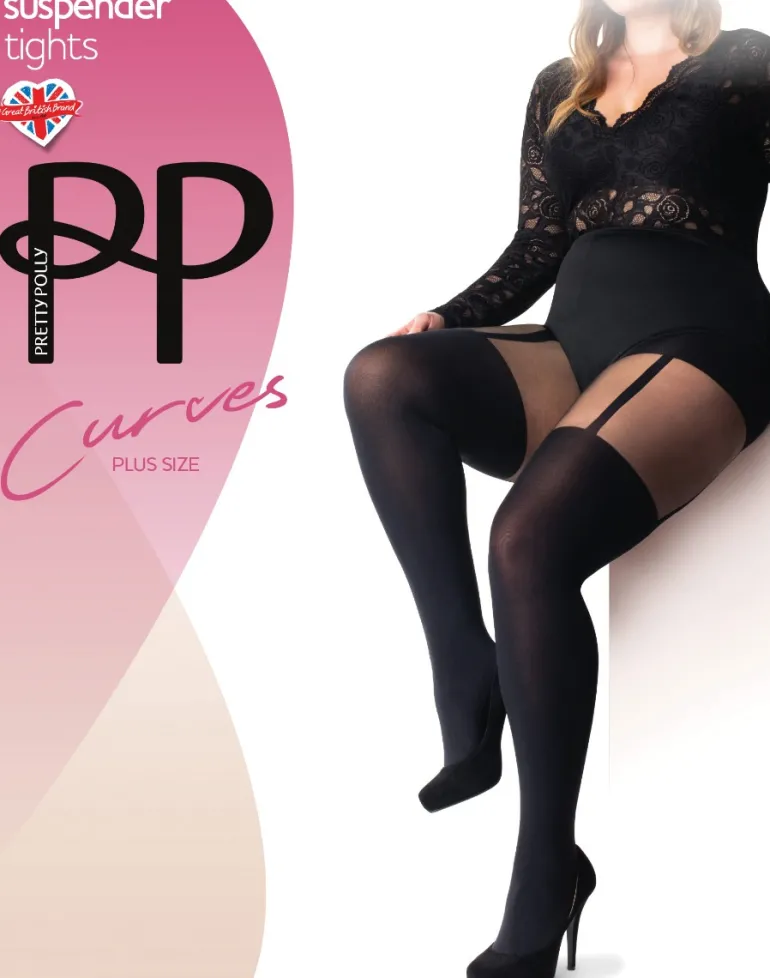 Curves Mock Suspender Tights - Black