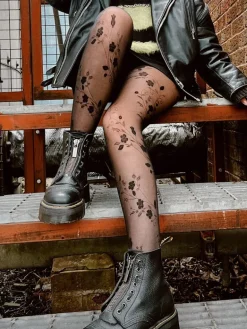 Floral Tattoo Pattern Tights - Black