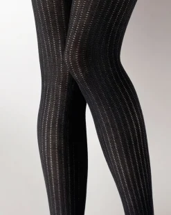 Knitted Opaques Rib Tights - Black