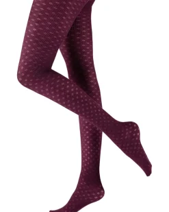 Knitted Opaques Small Diamond Flower Tights - Burgundy