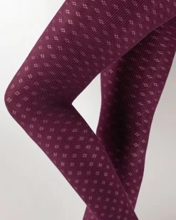 Knitted Opaques Small Diamond Flower Tights - Burgundy
