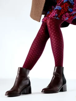 Knitted Opaques Small Diamond Flower Tights - Burgundy