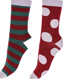 Large Stripe & Spot Bamboo Socks 2 Pair Pack - Red Mix