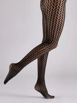 Leaf Net Pattern Tights - Black