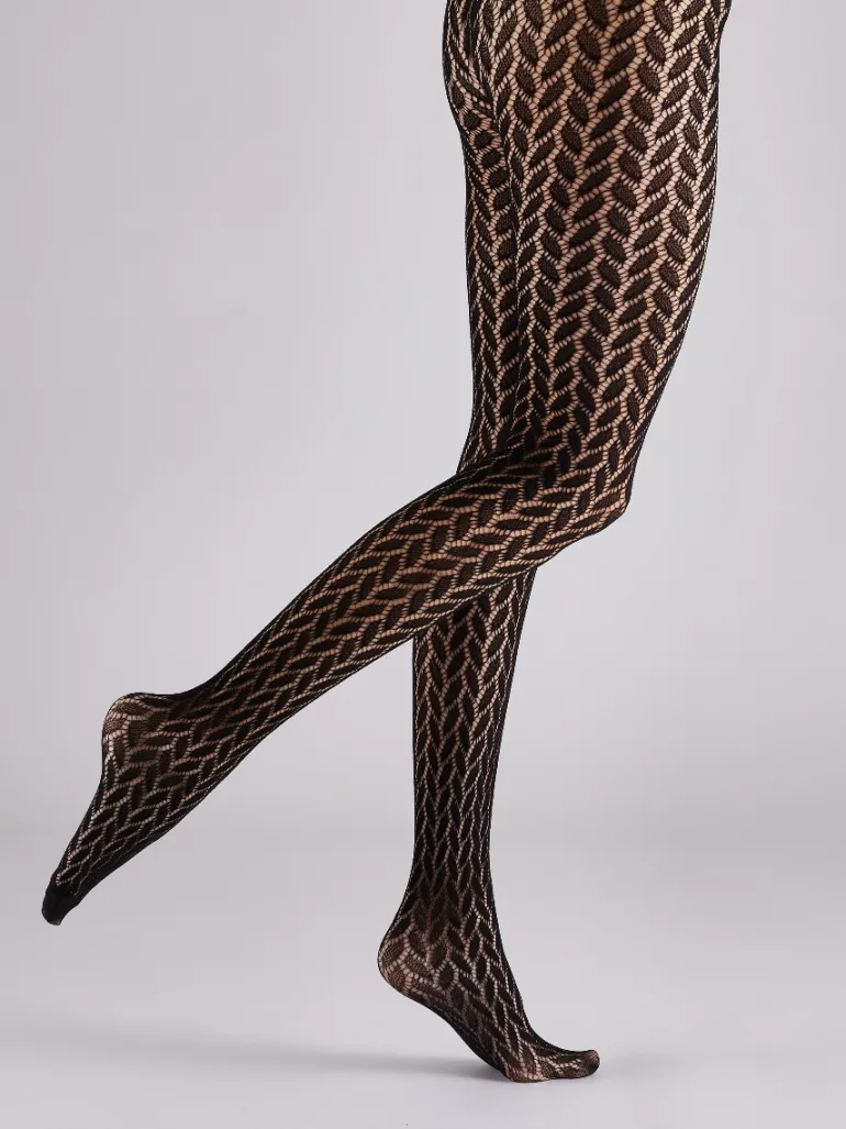 Leaf Net Pattern Tights - Black