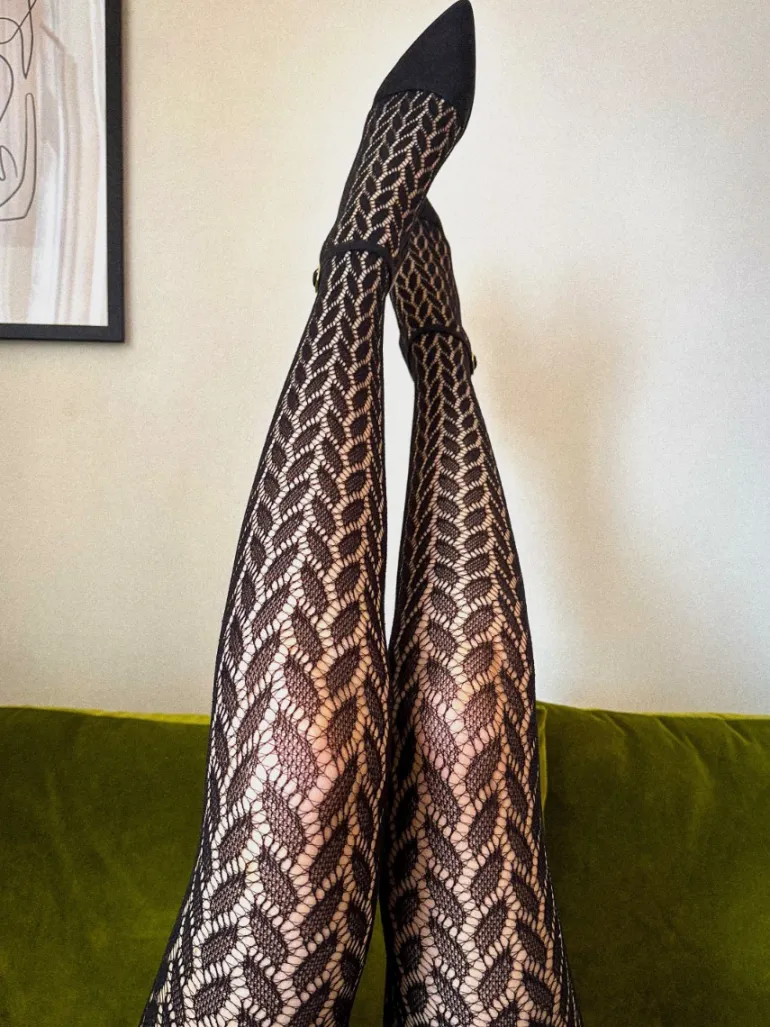 Leaf Net Pattern Tights - Black