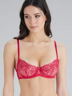 Peony Embroidery Non Padded Balconette Bra - Crimson