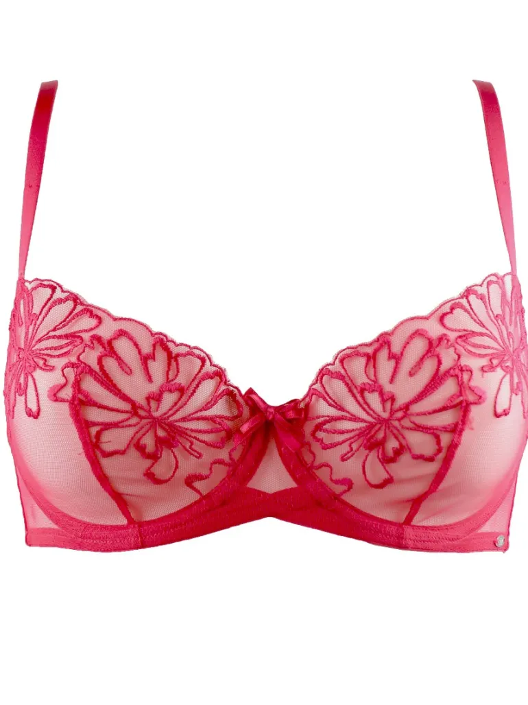 Peony Embroidery Non Padded Balconette Bra - Crimson