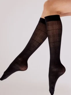 Tartan Knee High Sheer Socks - Black